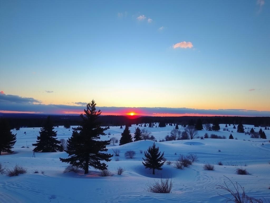 A serene winter landscape at sunrise with snow-covered fields and silhouetted trees.