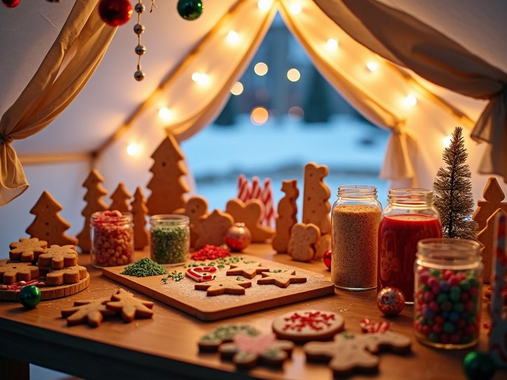 The image features a cozy, winter-themed table set up for holiday baking. There's a variety of colorful decorations and ingredients for making Christmas cookies. The warm glow from string lights creates a festive ambiance. Cookies are shaped like Christmas trees, snowflakes, and other festive icons. Jars filled with sprinkles and candies are showcased alongside the freshly baked cookies. This scene evokes the spirit of joy and togetherness during the holiday season.