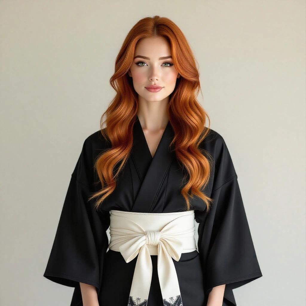 Full-body realistic portrait. Woman with long wavy strawberry-blonde hair. Soft natural features. Almond-shaped eyes. Defined cheekbones. Full lips. Calm mature expression. Healthy naturally toned skin. Curvy balanced figure. Graceful relaxed posture. Wearing traditional black and white kimono-style outfit. Wide sleeves. Tied cloth belt. Natural fabric texture. Simple background.
