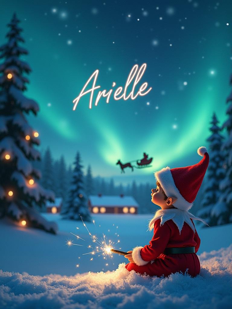 A Christmas night sky features Santa on a sleigh in the distance. A baby elf is seated, using a magic wand to write 'Arielle' in the sky. The scene includes northern night skies and snow coverage, creating an enchanting atmosphere. The elf gazes upward while writing names in the sky. The northern lights glow in the background as snow blankets the ground, showcasing a winter wonderland.