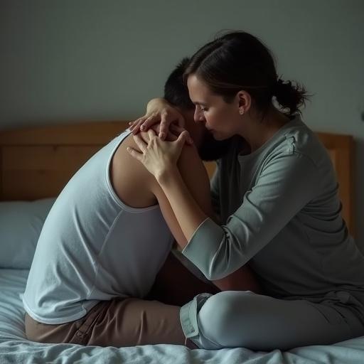 A quiet room. A man sits on the edge of the bed, showing signs of pain. A loving female hand caresses his shoulders and neck, providing support and comfort.