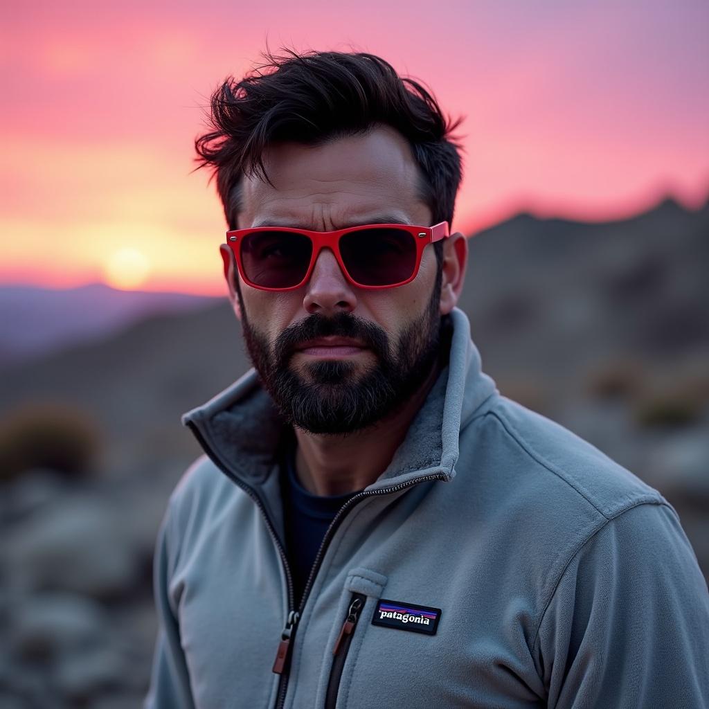 A man with red sunglasses stands in front of a vibrant sunset in a mountainous landscape.