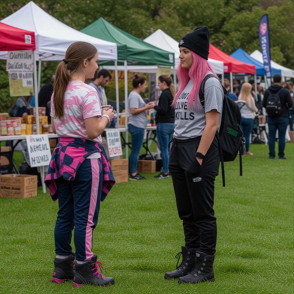 Two girls at a food and drink festival in a park. One girl with dark blonde hair in a pink camouflage shirt and pink tracksuit hoodie, wearing navy-blue pants and pink hiking boots. The other girl has pink hair, wearing a black beanie and grey shirt that says 'I Love Skulls', along with black pants and black hiking boots.