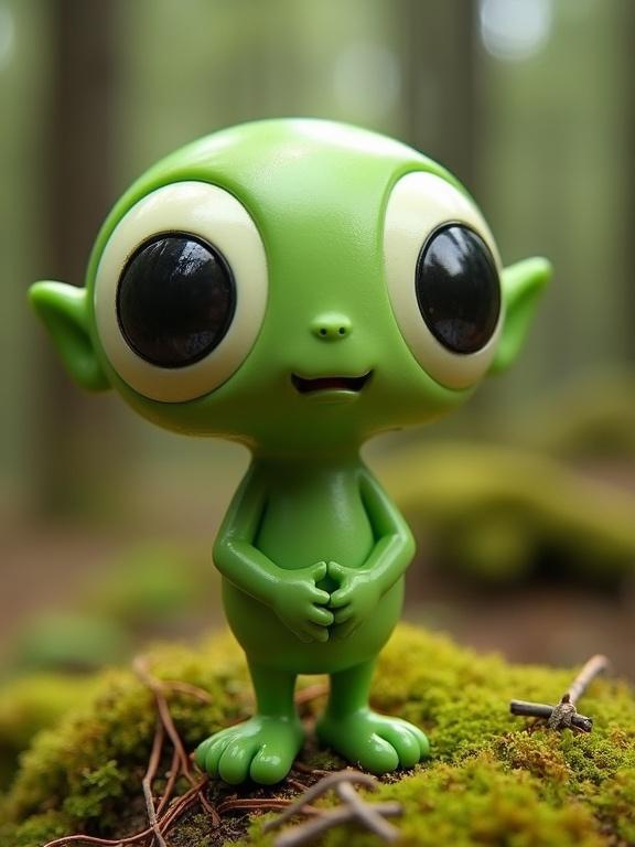 Image features a whimsical alien-like creature in a forest. The creature is bright green with large expressive eyes. It's standing on mossy ground surrounded by natural elements like twigs and pine needles. The background shows blurred greenery, creating a magical atmosphere. Lighting is soft and natural.