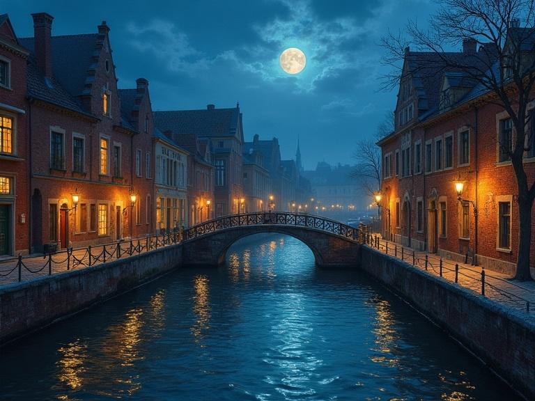 Captivating view of a canal at night with ancient buildings and a bridge. Light sources are artistically blurred. The moon illuminates the scene. Traditional oil painting techniques used in the artwork. A cinematic stylization enhances the visual beauty.