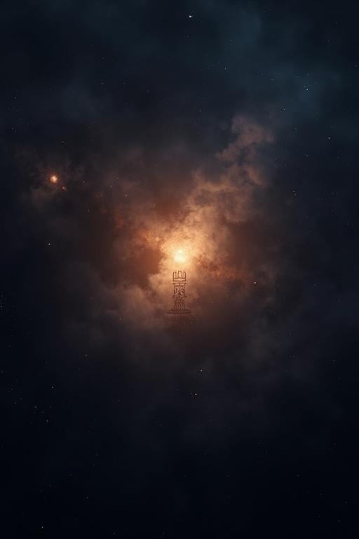Dark cosmic background with a single ancient Egyptian hieroglyph floating in space glowing softly.