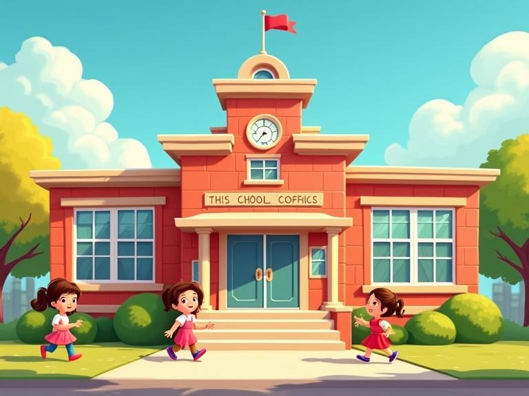 Front view of cartoon school building with large steps and red-brick walls. Features big windows and a clock tower. Kids are playing outside. Surrounding trees and bushes and a clear sky. Warm sunlight creates a friendly atmosphere.