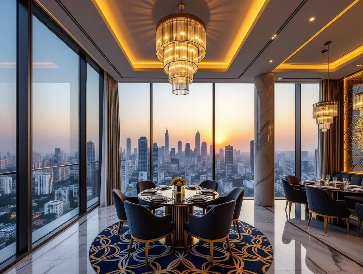 Grand rectangular luxury sunset lounge in a high-rise building in Bangalore. Full floor-to-ceiling panoramic windows show a rich Indian skyline with modern towers. Glass and concrete skyscrapers have Indian design influence. Dramatic golden hour sunlight fades into deep blue sky. Ultra-luxurious interior features high ceilings and recessed ambient lighting. Designer hanging chandeliers. Polished marble wall panels with gold accents. Warm wooden trims and artistic designer carpet with gold and navy patterns. Round dining tables have velvet table runners. Plush upholstered chairs with gold lining. Soft sunset reflections on windows and floor. Clean modern layout creates an upscale and serene five-star atmosphere.