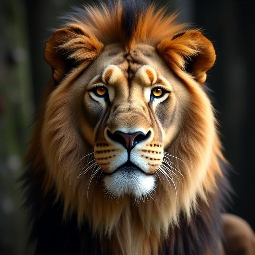 A lion with gazelle-like eyes. Detailed close-up of a lion expressing power and grace. Animal features blended with captivating gaze.