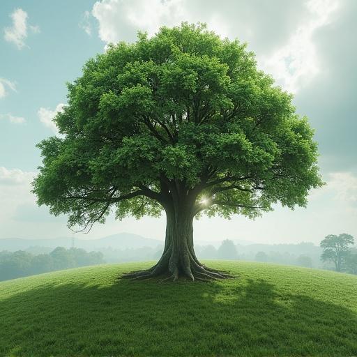Image showing a lush green tree in a soft landscape under a cloudy sky. The tree has a strong trunk and vibrant foliage, casting a soft shadow on the ground. The sunlight breaks through clouds, creating a serene atmosphere.