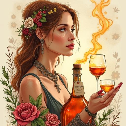 A modern celtic goddess in her mid-thirties offers a toast with a mystical herbal elixir. She has cascading long hair adorned with nature-inspired jewelry. Presenting a lower apothecary-style liqueur bottle labeled 'ALFRUNO', glows in bright golden-red. Two cocktail glasses beside the bottle are filled with the same liqueur. Surrounding elements include roses, rosemary, and a beige background decorated with floral patterns. A phrase 'Genuss aus dem Garten der Natur - wild und besonders' is artistically displayed.