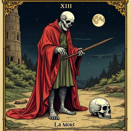 Illustration of a Tarot card in color. Style is medieval fantasy. Shows a skeleton man holding a scythe. Skeleton stands with arms outstretched. Scatterings of skeletons on the ground. Background is dark with a ruined tower. It is nighttime with a full moon. A skull is on the ground beside the skeleton. The text 'XIII' is above and 'La Mort' is below the skeleton. The illustration is in a 9:16 format with a golden border.