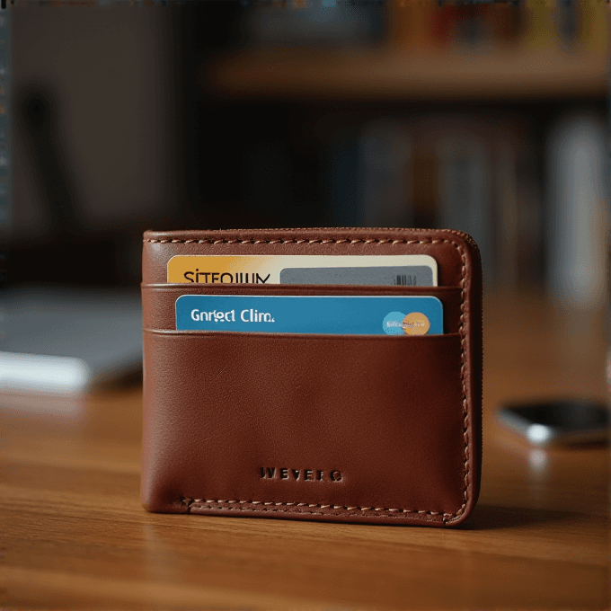 A brown leather wallet holds two credit cards on a wooden table, with a blurred background.