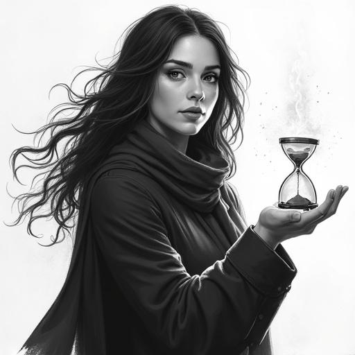 Lyra is dressed in a dark coat and scarf. She holds a glowing hourglass. Her eyes appear white, indicating her power. She writes in a notebook. The illustration is in black and white, resembling a simple human sketch.