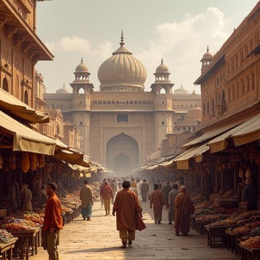 Medieval Indian market scene. Grand palace in background. People walking. Colorful stalls with various items.