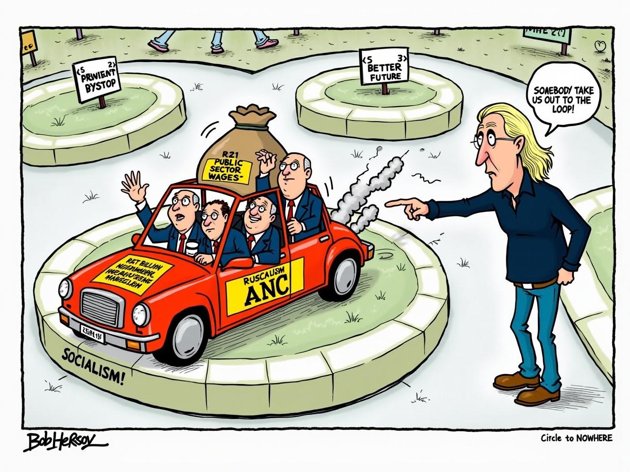 A political cartoon showing a chaotic roundabout labeled 'Circle to Nowhere' and 'Socialism.' In the center, there’s a clunky, overloaded car labeled 'ANC' driving in endless circles. The car is weighed down by a massive sack labeled 'R721 Billion Public Sector Wages.' Inside the car, fat bureaucrats in suits are either laughing or looking clueless; one holds a coffee cup while another looks bewildered. Exhaust fumes labeled 'Corruption' trail from the car, emphasizing the dysfunction. On the side, Rob Hersov is depicted as a slender middle-aged man with exaggerated features such as a prominent nose and expressive eyes with raised eyebrows, and he has long, wavy, light-colored hair. He is dressed in jeans, brown shoes, and a navy blue long-sleeve shirt, standing assertively while pointing towards an exit labeled 'Better Future' or 'Capitalism,' suggesting a path to prosperity. A speech bubble from Rob reads, 'Somebody take us out of the loop!' The overall aesthetic features bold lines, exaggerated caricatures, and bright contrasting colors to highlight the themes of dysfunction and missed opportunities.