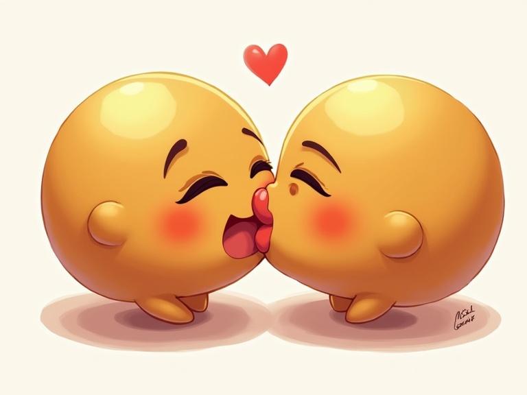 Two chubby yellow emoticons are kissing each other with a heart above them. They have round shapes with cute facial expressions, emphasizing affection and warmth.