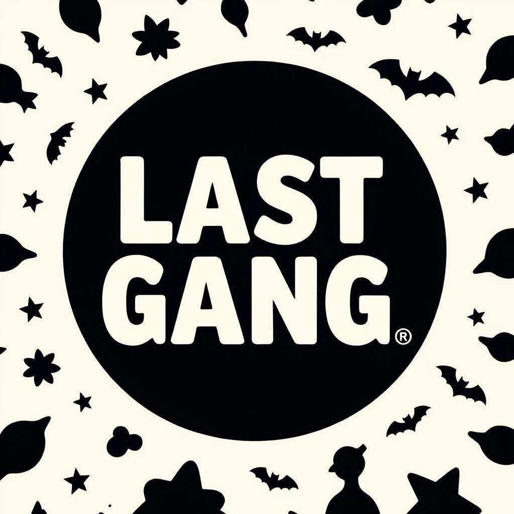 Design a logo featuring the name Last Gang. The design should include only the logo in white letters on a black background. Focus solely on the logo without any reference to a t-shirt.