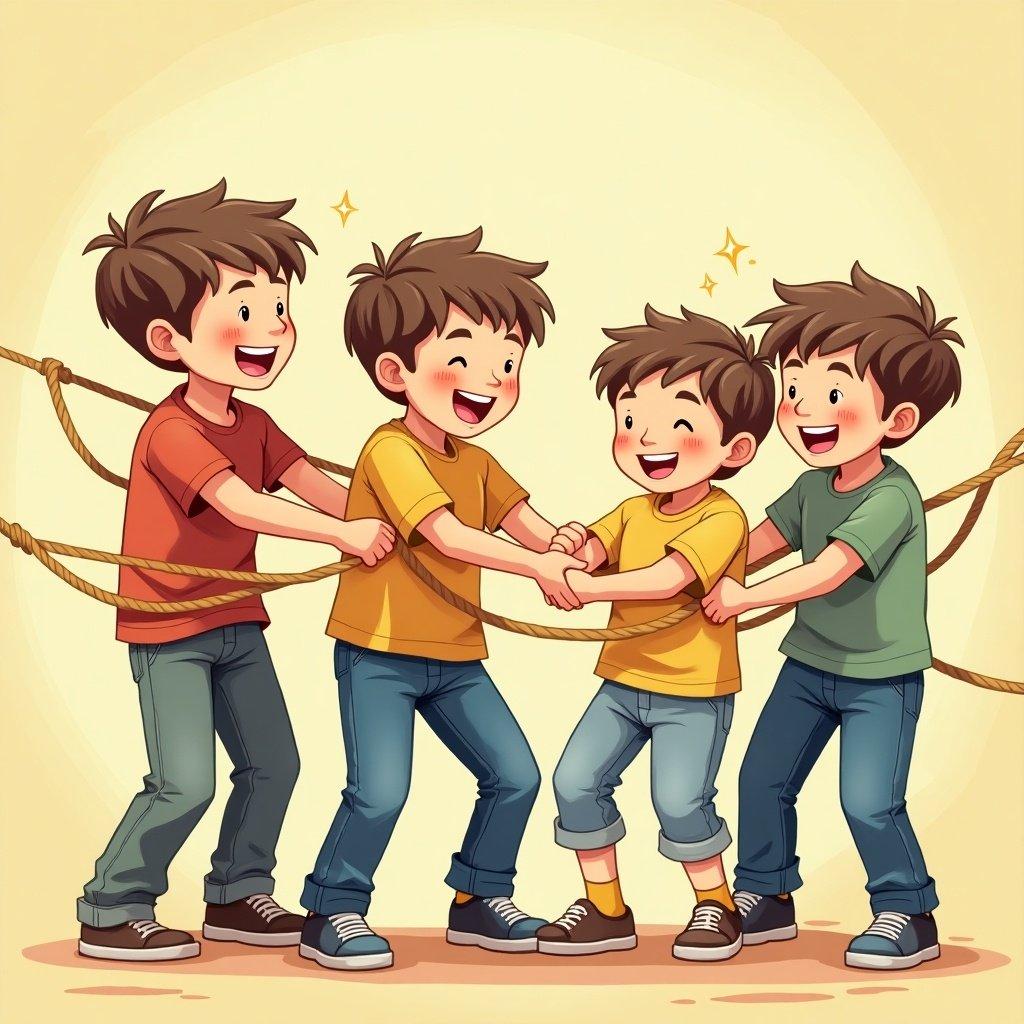 Boys are happily tied up with a rope while playing together. They laugh and smile, showcasing friendship and fun. The setting is light-hearted and colorful.