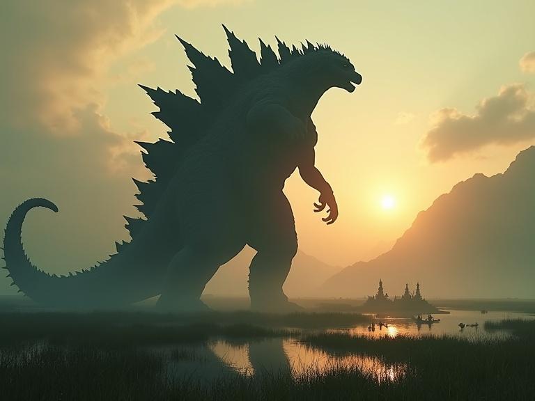 A massive Godzilla silhouette towers over a grassy landscape at sunset. The creature features a muscular build with sleek dorsal plates. Small figures are in boats near a village. Grey stone temples are in the foreground. Mountains are visible in the background with a cloudy sky. Reflections appear in the water creating an atmospheric composition.