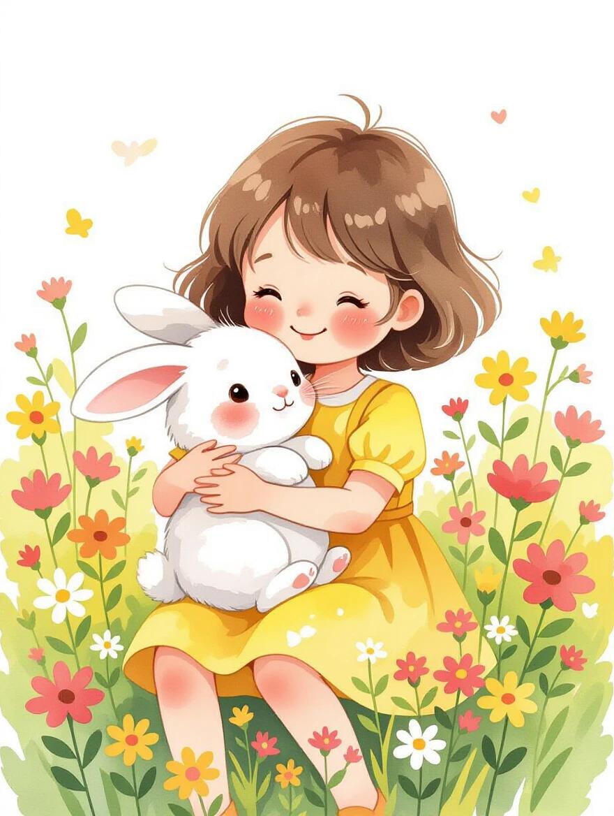 A whimsical watercolor painting depicts a little girl in a yellow dress interacting with a fluffy white bunny. The girl has short brown hair and rosy cheeks. She embraces the bunny surrounded by colorful flowers in a sunny field. Both the girl and the bunny exhibit joyful expressions.