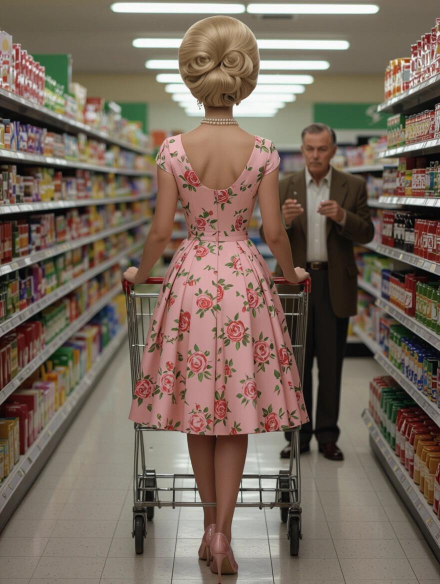 Back view of a 1960s woman in a floral pink dress. She has a platinum blonde beehive hairstyle and is pushing a shopping cart in a grocery store. An old man is in the background. The setting has soft lighting and captures retro glamour.