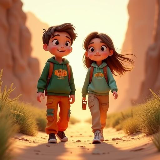 Digital artwork showing two teenagers walking in a desert. The boy wears a green hoodie and orange pants. The girl wears a light green hoodie and beige pants. They look curious and determined. The background features tall rock formations and golden sunlight.