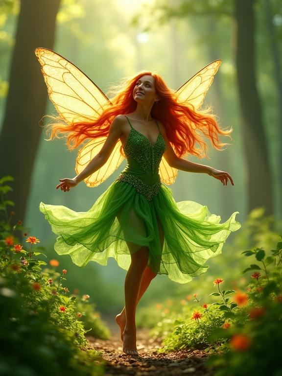 Fairy dances in sunlit forest. Long red hair flows. Shimmering green attire sparkles. Surrounded by greenery. Embodies enchantment. Celebrates beauty of nature.