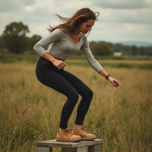 A young woman in mid-jump performs a jumping jack on a wooden box in a grassy field. She wears a light gray long-sleeve top and black jeans with tan shoes.