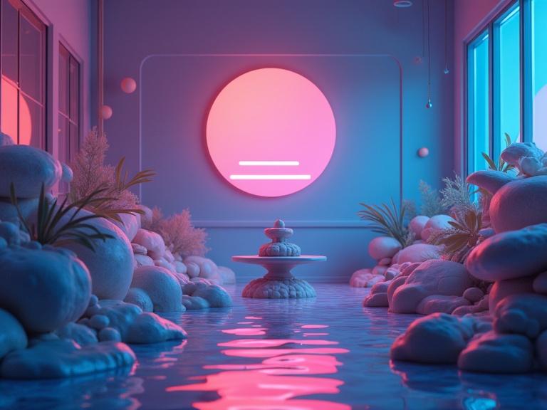 A serene space with a central fountain surrounded by soft textures. Neon circle emits calming light. Elements include stones and lush plants. Style reflects lofi and zen aesthetics with ambient colors.
