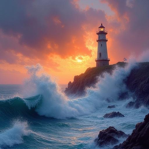 A solitary lighthouse stands against crashing waves with sea spray. The sky is orange and smoky purple. Beams from the beacon blur through storm clouds. Wind and water swirl on the horizon. Artistic style of J.M.W. Turner, showcasing atmospheric romanticism with watercolor and oil textures. The scene reflects luminous chaos and sublime tension.