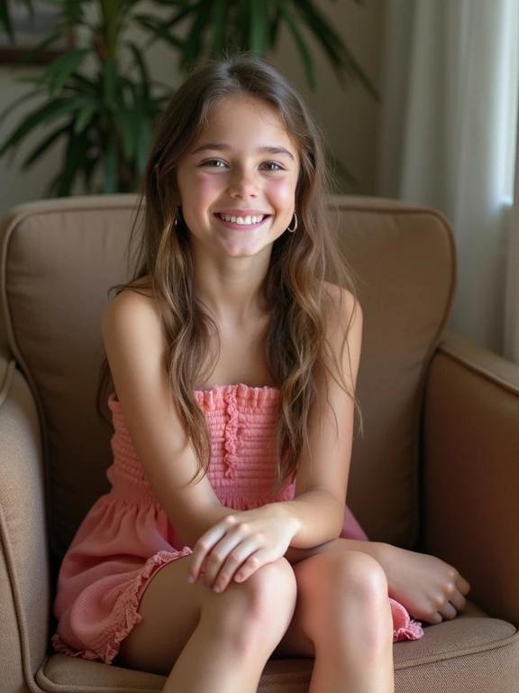 Full frame photo of a teenage girl sitting on a chair in a living room. She wears a pink mini sundress and sandals. Her hair is brown and the lighting is soft. Legs are crossed, creating a casual yet elegant pose.