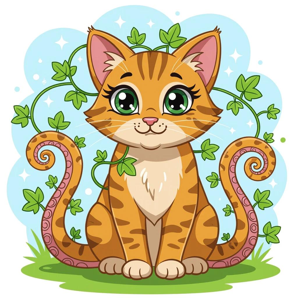 Cat with vine tentacles in cartoon style. The cat has orange fur with stripes and green eyes. Tentacles made of vines wrap around the cat. Background is light blue with sparkles. Grass is at the bottom.