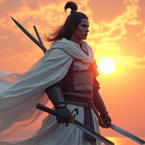 A digital painting shows a samurai in white armor. The samurai stands in front of a vibrant sunset. The scene captures a sense of honor and strength. Samurai wields traditional weapons. Fabric flows with the wind. Bright colors dominate the background.