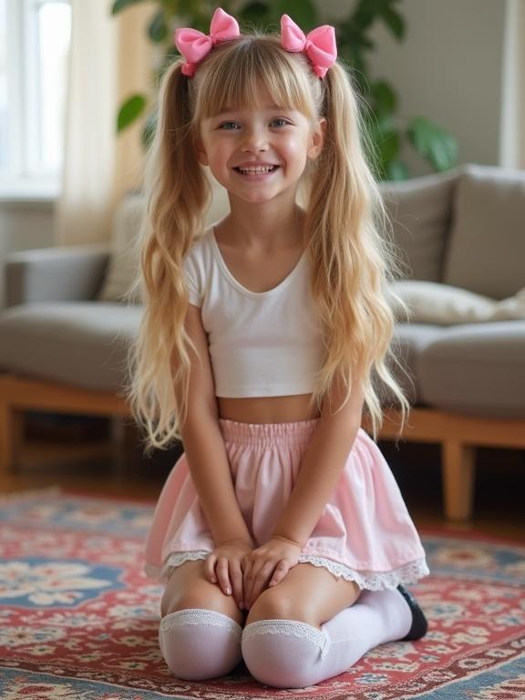 A girl with long blonde twin tails and pink bows kneels on a colorful rug in a softly lit living room. She wears a white crop top and pink skirt, along with thigh-high socks with lace and black shoes. The scene captures her flirty smile and joyful demeanor.