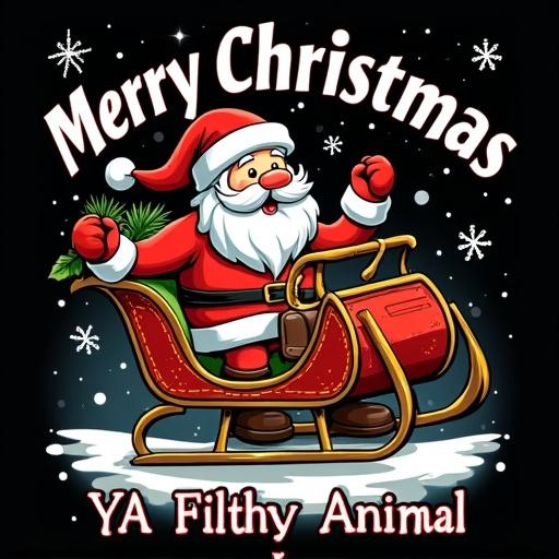 Festive vintage Christmas t-shirt design featuring cartoon Santa Claus riding sleigh colored in red white and green with Merry Christmas Ya Filthy Animal text in bold white serif font centered on transparent background with subtle snowflake accents and playful high-contrast style
