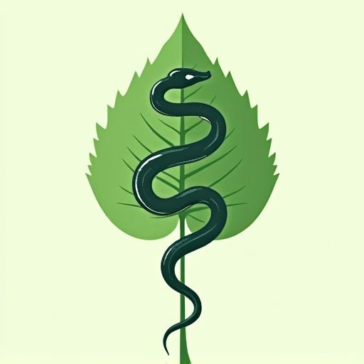 Snake wraps around the main vein of a linden leaf. Leaf and snake share the same outline. Designed in monochrome green for a healthcare company. Flat aesthetic.