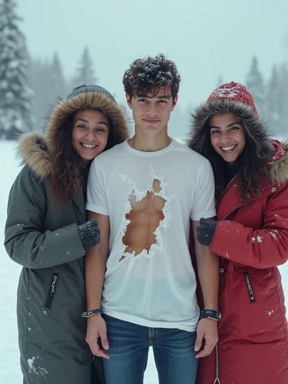 Photorealistic image of three women in winter clothes playfully tearing a young man's thin T-shirt in a snowy landscape. The young man looks fragile and uncomfortable. The women are laughing and having fun while the snow covers the ground and trees.