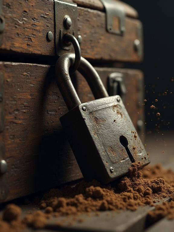 A heavy iron padlock slams shut on an ancient wooden chest. Visual effect of dust exploding emphasizes the impact. Cinematic style with realistic details and action.