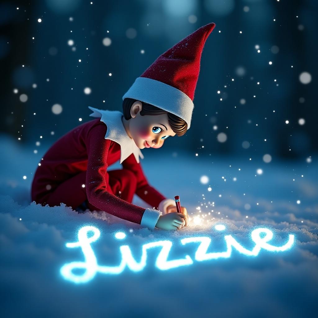 A whimsical scene featuring an elf on the shelf writing the name 'Lizzie' in the snow. The elf, dressed in a traditional red and white outfit, is focused on creating the name with a glow that suggests magical lights. The snowy backdrop enhances the winter theme, while northern lights gently illuminate the scene. The name is artistically rendered in cursive, showcasing the enchantment of the moment. This festive image captures the spirit of Christmas and the imaginative joy of children during the holiday season.