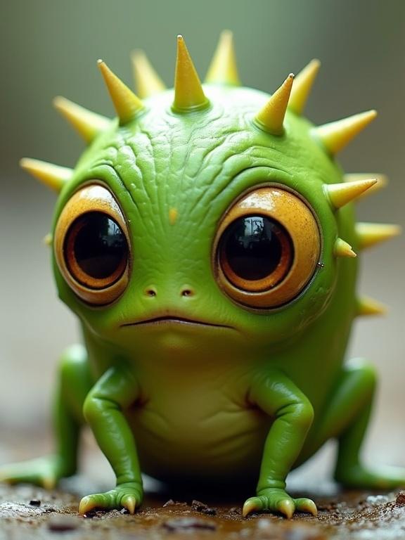 A fantastical creature with a vibrant green color. It has large, bulbous brown eyes and conical yellow spines all over its body. The creature is spherical in shape with short, stout legs. The skin appears bumpy and uneven.