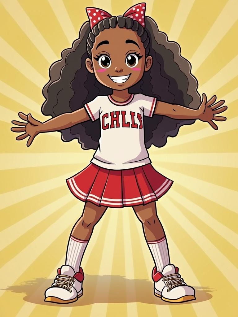 Create an illustration of a child cheerleader with curly hair. The cheerleader wears a white shirt with the word CHILL and a red skirt. She has a red cheer bow in her hair. The background features sunburst rays in yellow. The character stands with arms wide open in a cheerful pose.