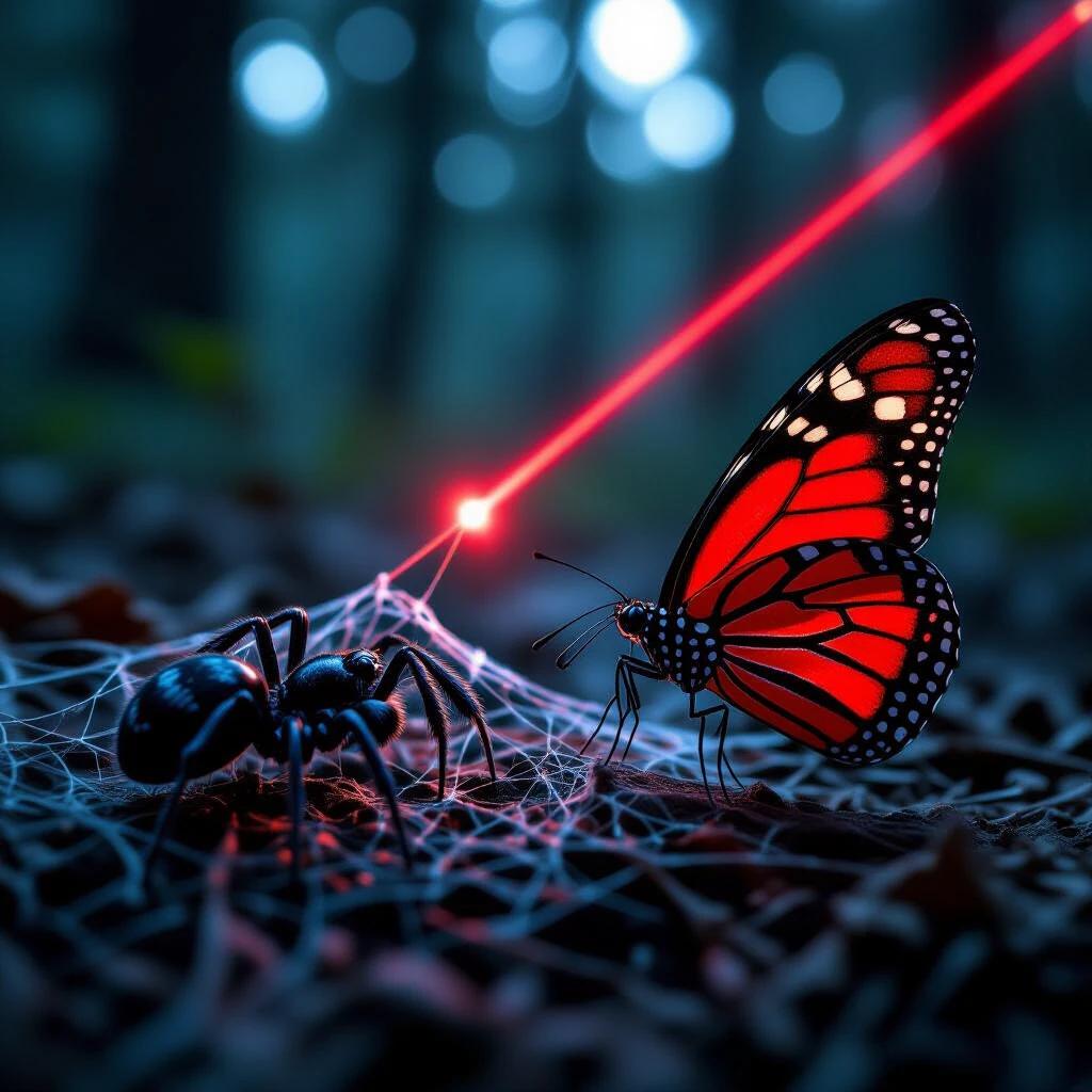 Small black widow spider next to a big red butterfly in a web. Nighttime forest setting. Red laser beam pointing at the spider. Hyper realistic image taken with iPhone camera.
