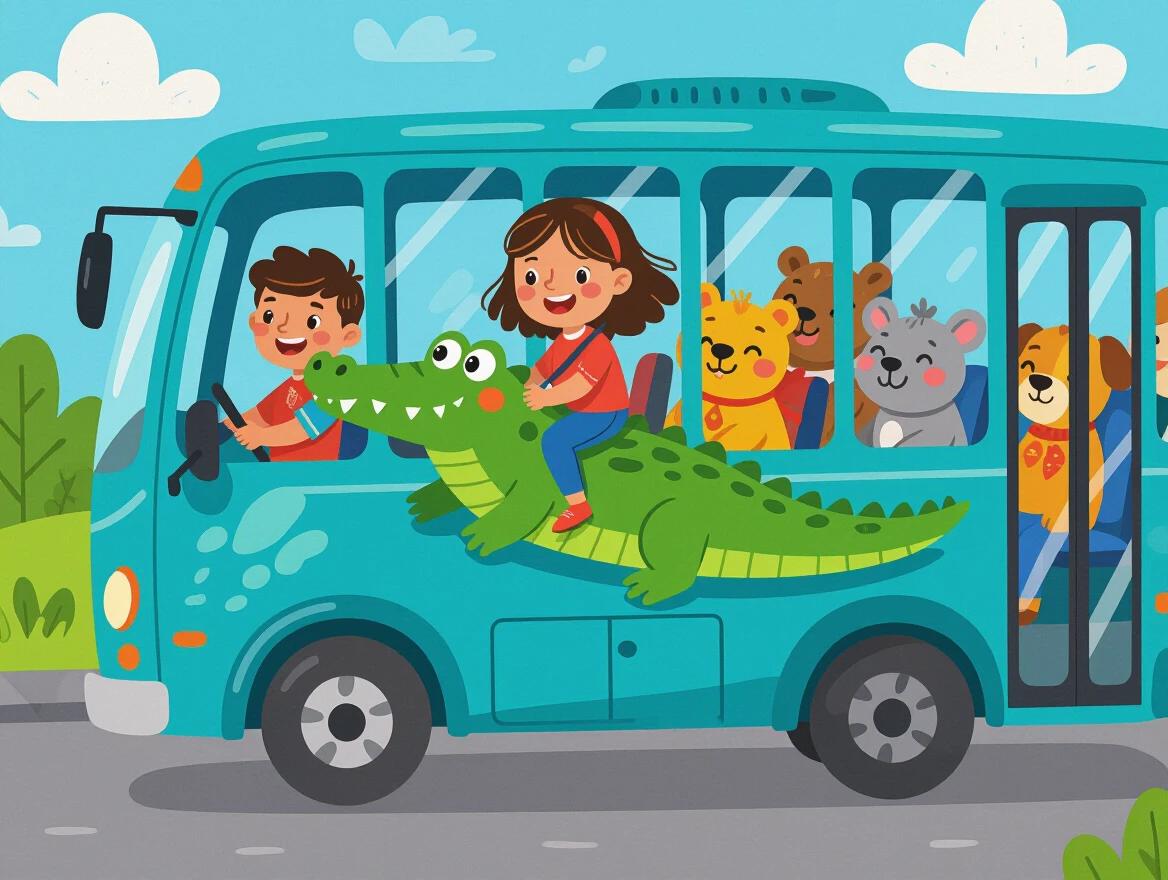 A big blue bus drives on a road. Anna rides on a green alligator. The bus has large windows. Happy animals sit inside the bus. Children's joy and adventure vibes are present.