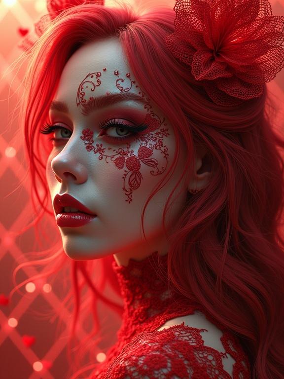 3D rendering of a model with red hair and lace ornament. Detailed makeup with patterns. Hyperrealistic style and vibrant colors. Victorian lace and floral elements enhance the design.