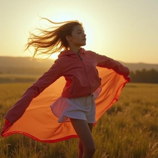 28 years old girl flying with cape over gorgeous French fields
