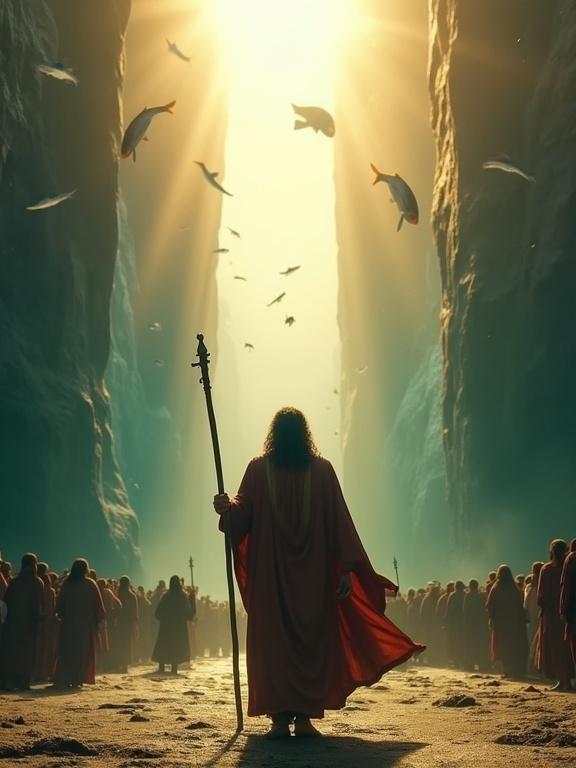 Moses parting the Red Sea. Moses stands boldly at the center holding a wooden staff. He wears ancient Middle Eastern robes. Wind blows his garments. A large crowd follows him. The sea is split into towering walls of water. Inside the sea are fish swimming. Lighting is epic and dramatic. Rays of golden sunlight pierce through mist. The atmosphere is powerful and mythic. High contrast with deep shadows. Ultra-realistic style.