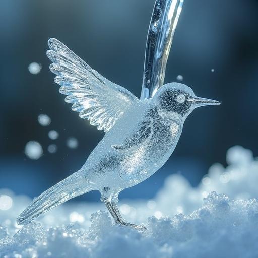 Macro shot of a glass bird sculpture made from frozen water. Water flows from an unseen tap. Chisels carve the ice into a detailed sculpture. The bird comes to life and flies away. Magical and hyperrealistic.