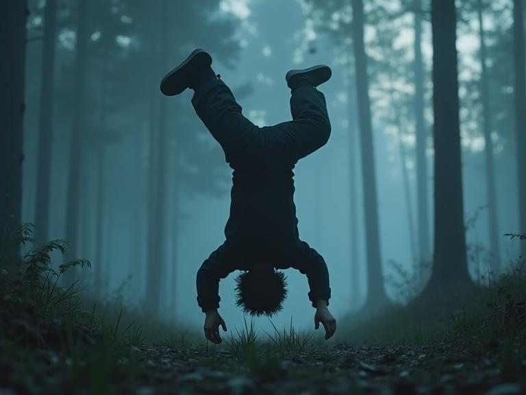 Thumbnail for Roblox ARPG game. Child performing handstand in a dark forest. Mysterious atmosphere with fog and tall trees. Evoking a sense of adventure and intrigue.