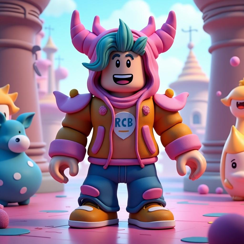 Image depicts a Roblox-style custom character in a sprunki mod world. The character wears a vibrant hoodie with pastel colors and has unique features like horns. Surrounding characters add to the playful atmosphere of the scene.